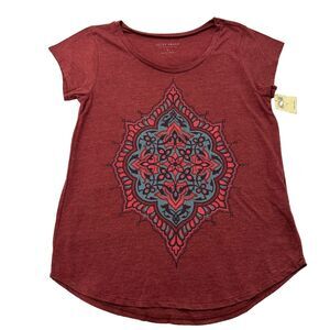 Lucky Brand Women Large Red Floral Damask Mandala Short Sleeve Boho Graphic Tee